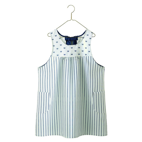 バックリボンプリントエプロン　ライトグレー×ネイビー