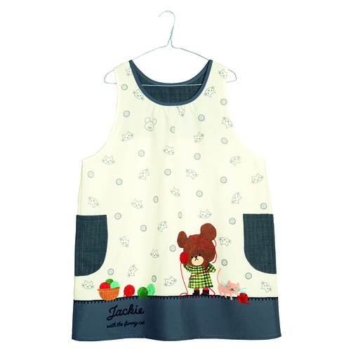 くまのがっこうジャッキーとねこ総柄エプロン　ナチュラル×グレー