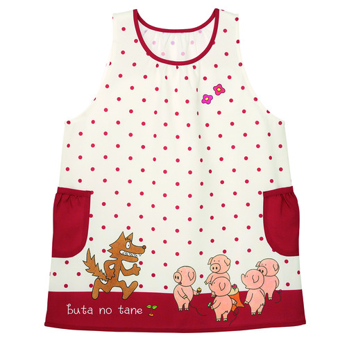 ぶたのたねドットフラワーエプロン　ナチュラル×レッド