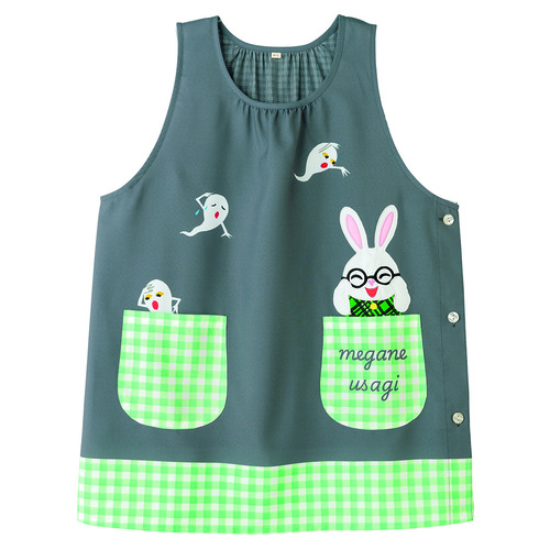 めがねうさぎチェックエプロン　Ｍ－Ｌ　グレー×グリーン
