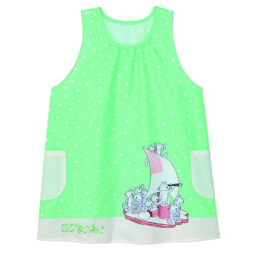 １１ぴきのねこドットおさかなエプロン　ライトグリーン×ナチュラル