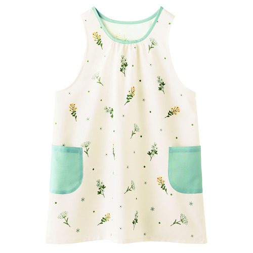 総柄お花プリントエプロン　スモーキーブルー×ナチュラル