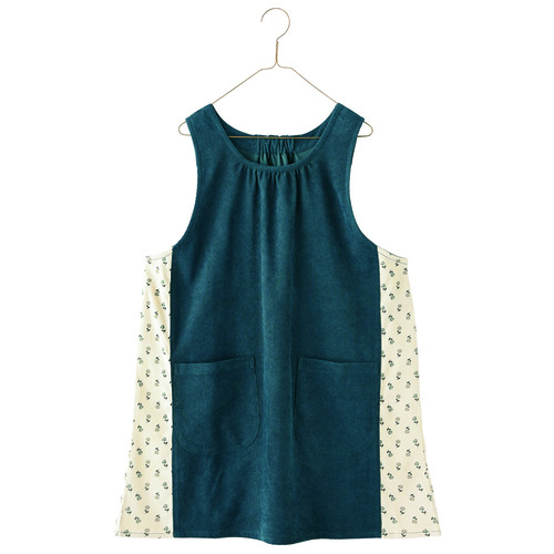 コーデュロイお花プリントエプロン　ブルーグリーン×ナチュラル