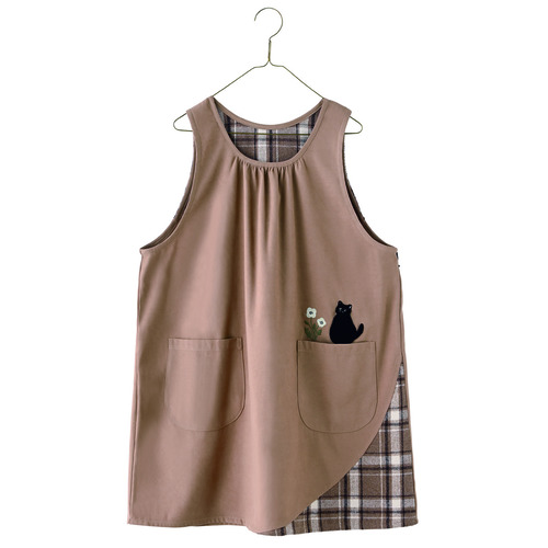 黒ねこ刺しゅうエプロン　モカブラウン