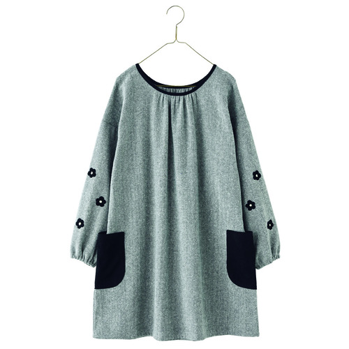 ヘリンボーン袖刺しゅうチュニック　グレー