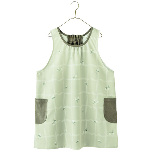 チェック×ボタニカルプリントエプロン  ペールグリーン