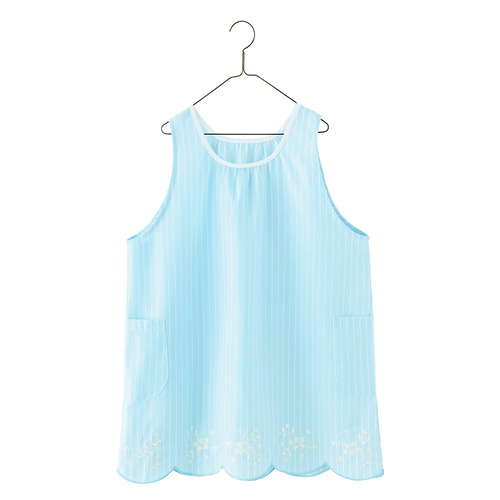 スカラップ刺しゅうストライプエプロン　ライトブルー